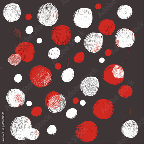 Deep red and white hand-drawn polka dots layered over black backdrop trendy pattern bold aesthetic wallpaper textile pattern card vector illustration