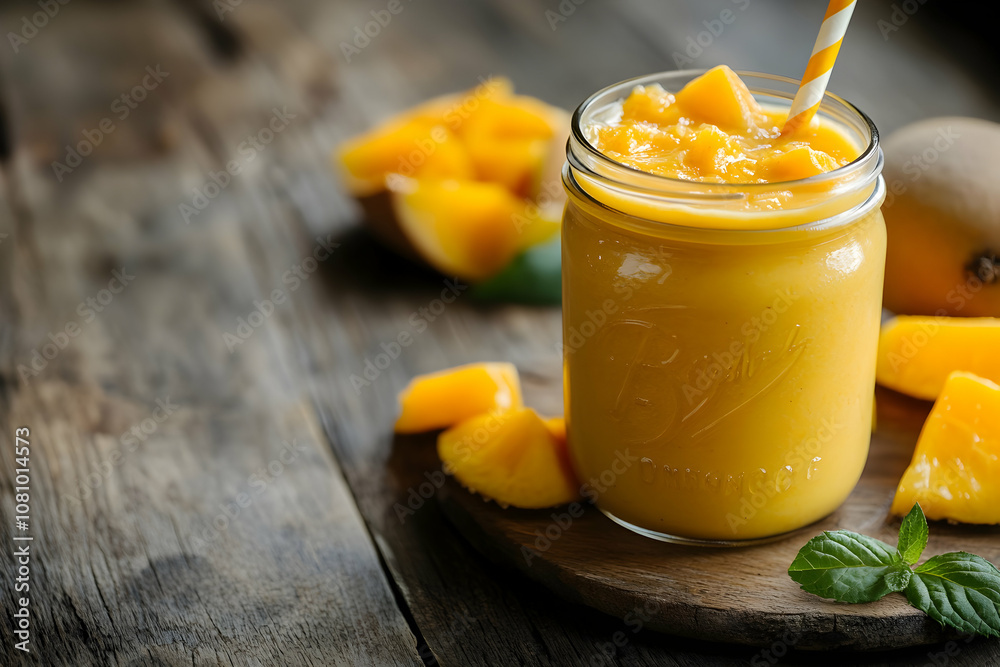 A vibrant mango smoothie is served in a jar, surrounded by fresh fruit and mint leaves A vibrant mango smoothie is served in a jar, surrounded by fresh fruit and mint leaves