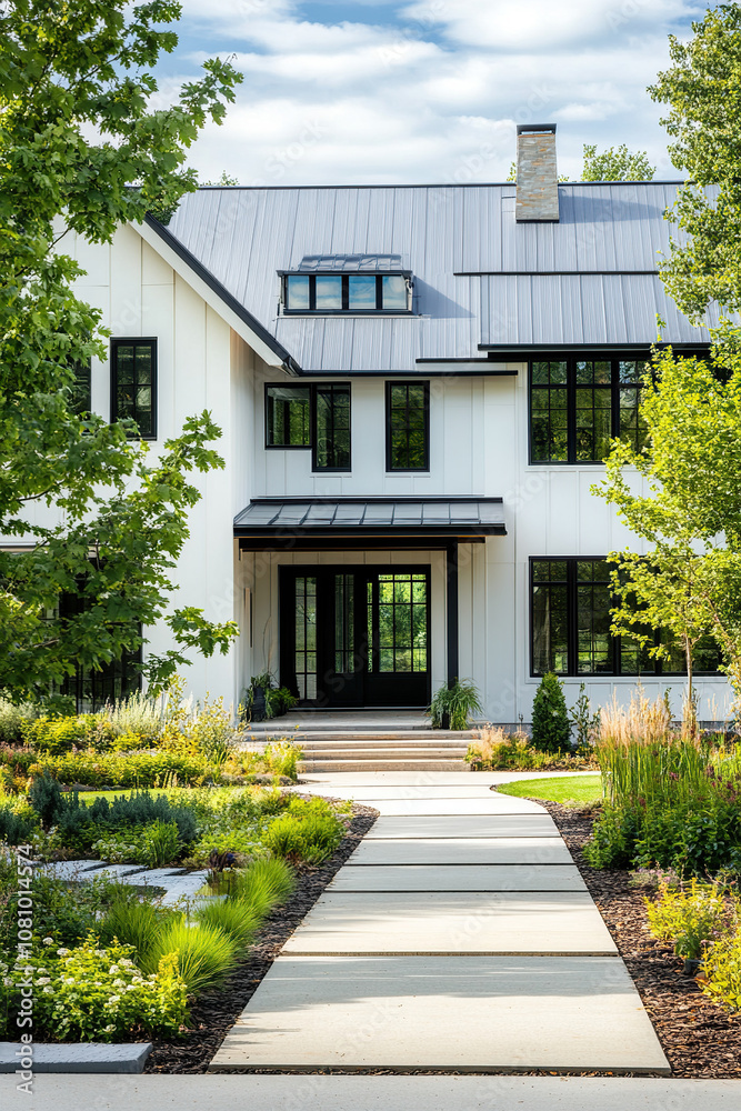 A modern farmhouse with white exterior walls, black windows, and roof shingles, a concrete walkway leading to the front door surrounded by lush green landscaping. A modern farmhouse with white exterior walls, black windows, and roof shingles, a concrete walkway leading to the front door surrounded by lush green landscaping.