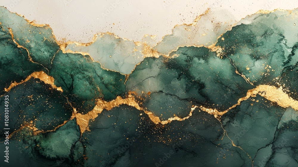 Abstract artwork featuring green and gold textures resembling natural landscapes. Abstract artwork featuring green and gold textures resembling natural landscapes.