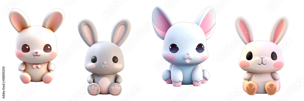 3D cartoon rabbits of various breeds on a transparent background. 3D cartoon rabbits of various breeds on a transparent background.