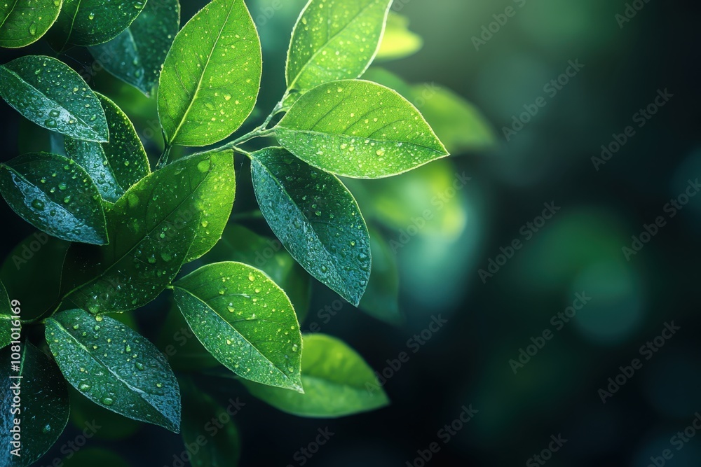 Fototapeta premium Vibrant green leaves glisten with raindrops in a tranquil forest during the early morning