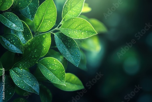 Vibrant green leaves glisten with raindrops in a tranquil forest during the early morning