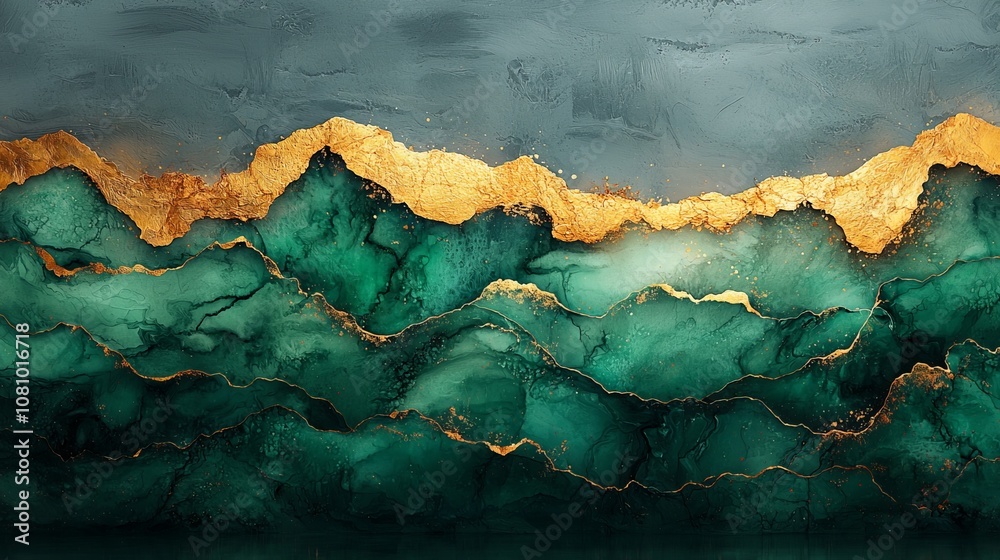 Abstract artwork featuring green and gold waves, evoking nature's beauty.