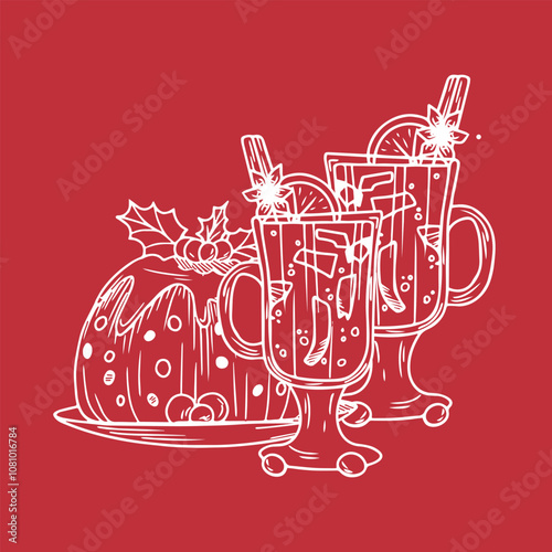 sketch illustration of christmas cake and hot mulled wine. Design of classic christmas drink and cake. Design of mulled wine in a glass