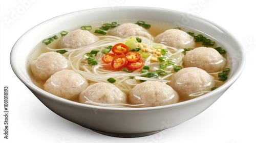 Fishball soup with clear broth, rice noodles, and sliced vegetables, arranged in a traditional Asian bowl