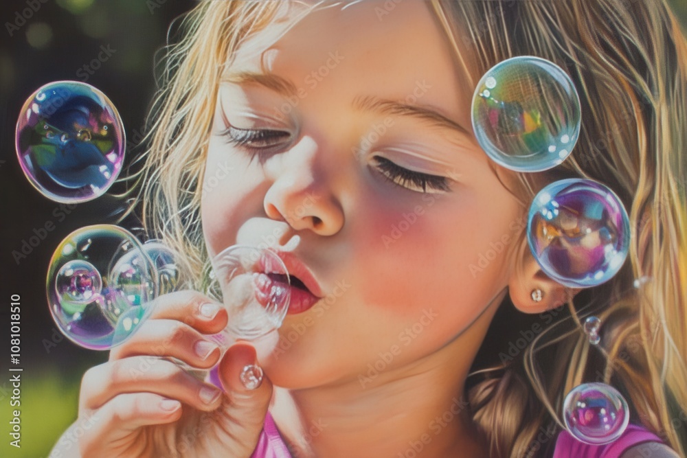 Serene child blowing delicate soap bubbles in nature Serene child blowing delicate soap bubbles in nature