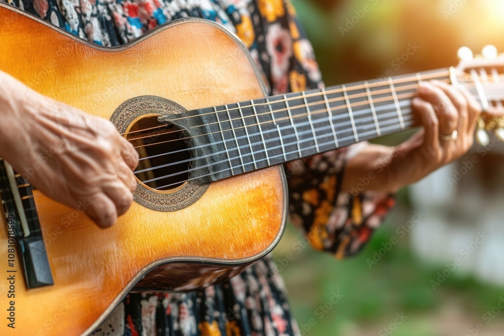 Fototapeta premium Acoustic guitar playing in warm sunlight