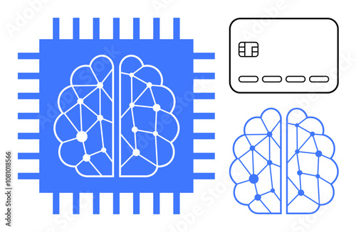 Brain network connected to microchip, credit card with chip. Ideal for technology, AI, fintech, cybersecurity, data protection, banking digital transactions themes. Line metaphor photo