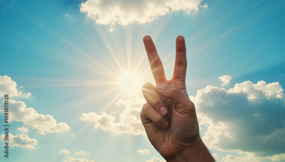 Hand showing a peace gesture against a bright sun and blue sky with clouds, highlighting positivity and hope with copy space
Hand showing a peace gesture against a bright sun and blue sky with clouds, highlighting positivity and hope with copy space