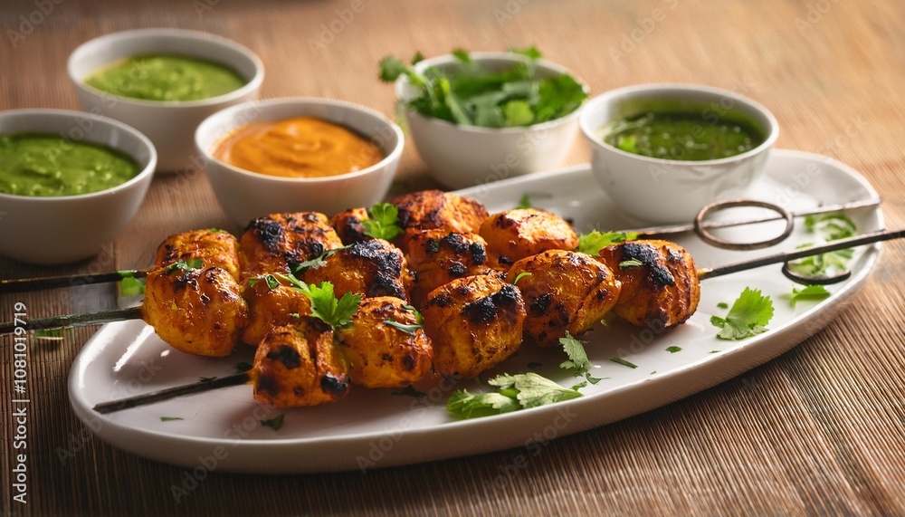 A Bold Presentation of Tandoori Chicken Skewers Marinated with Yogurt and Spices, Served on a Clean White Platter with Cilantro Garnish and Bright Dips