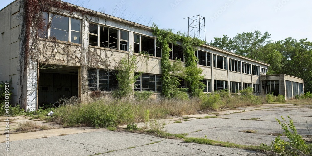 Derelict office building with cracked windows and overgrown vegetation, corporate, boarded up, steel, rusting machinery Derelict office building with cracked windows and overgrown vegetation, corporate, boarded up, steel, rusting machinery