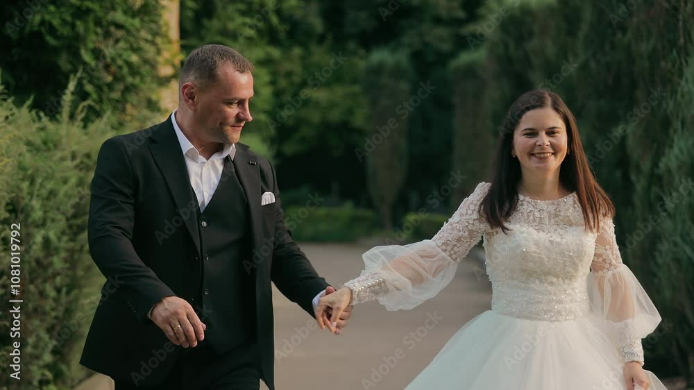 Happy wedding couple holding hands and walking outdoors, A smiling bride in a white lace gown and a groom in a black suit hold hands and walk together outdoors Happy wedding couple holding hands and walking outdoors, A smiling bride in a white lace gown and a groom in a black suit hold hands and walk together outdoors