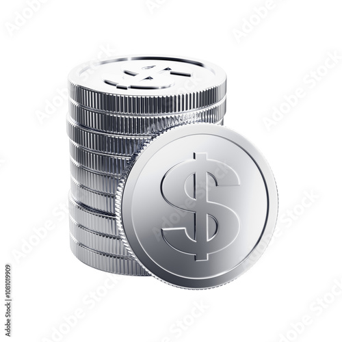 Silver Dollar Coins. Composition with ten metallic coins with the dollar currency sign on them are against a transparent background. 3D rendering graphics.