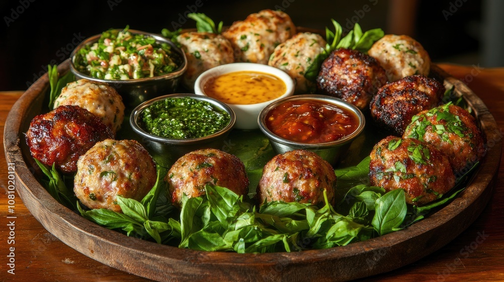 Platter of porkballs with dipping sauces, surrounded by fresh herbs, ideal for a party or snack spread Platter of porkballs with dipping sauces, surrounded by fresh herbs, ideal for a party or snack spread