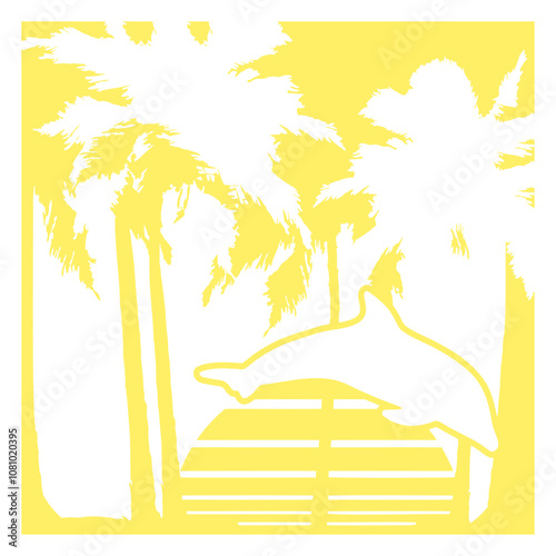 Dolphin Jumping Lines Sun Palm Cool Fun Silhouette Fun Vacation South Seas Tropical Warm Weather Caribbean Nature Lover Summer Holiday Life Isolated T-Shirt Poster Sticker Print Illustration Design