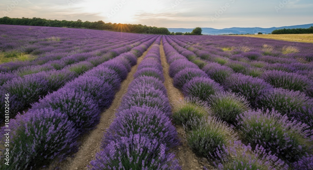 Obraz premium Majestic lavender fields at sunset with mountain backdrop