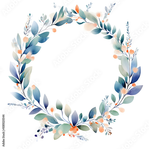 Elegant circular frame with delicate watercolor leaves and berries, ideal for adding a touch of beauty to any design