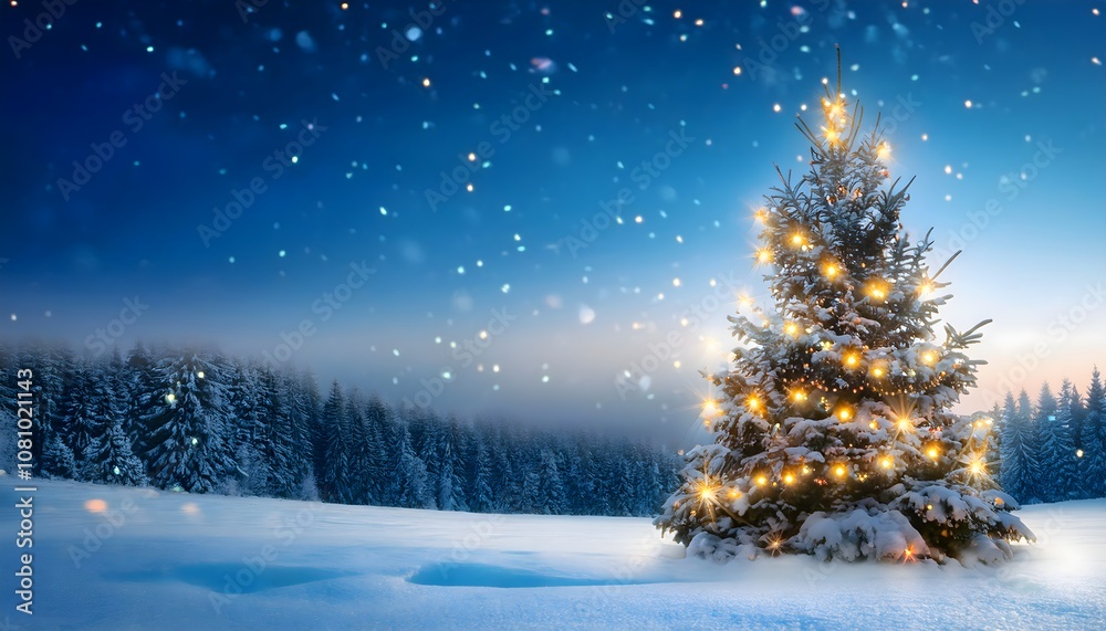 Christmas background, pine tree decorated with garland lights in snowy forest with starry sky, copy space for text 