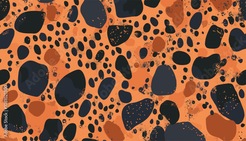 Hand-drawn shadowy spots in burnt orange and black, trendy pattern for modern design, fabric print, bold wallpaper, vector illustration, stylish textile design.