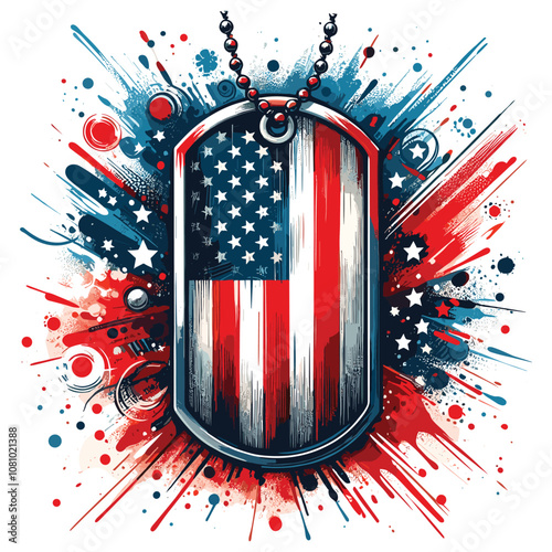 American flag dog tag with splash art, red blue design, patriotic illustration, poster