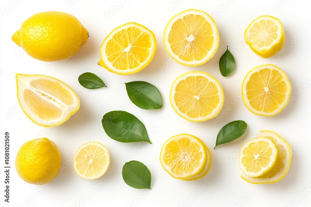 Fototapeta premium Lively lemon slices and whole lemons displayed with green foliage against a white backdrop, forming a fresh and zingy visual