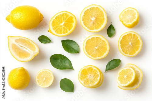 Wallpaper Mural Lively lemon slices and whole lemons displayed with green foliage against a white backdrop, forming a fresh and zingy visual Torontodigital.ca