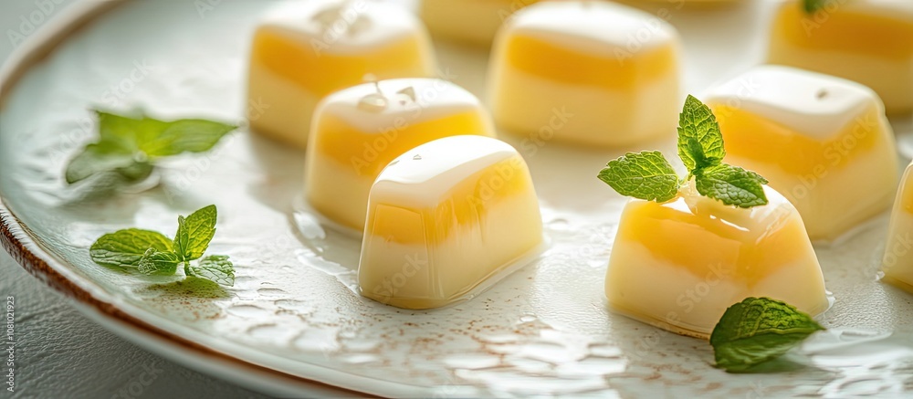 Fototapeta premium A plate of creamy dessert cubes garnished with mint leaves.