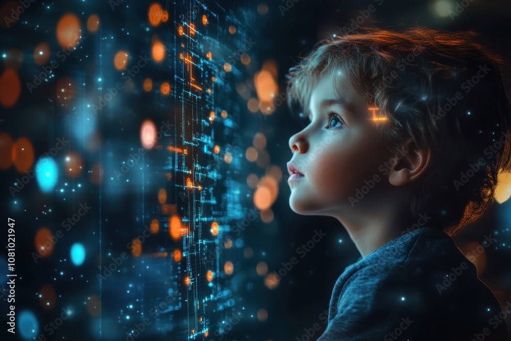 A child gazes curiously at digital data projections in a futuristic environment at night A child gazes curiously at digital data projections in a futuristic environment at night