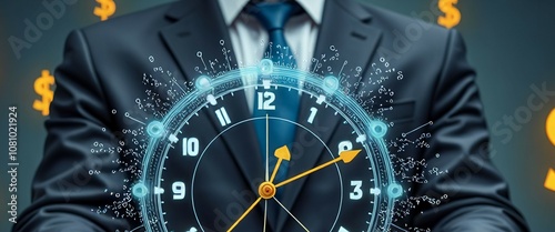 A man in a suit is holding a clock with a dollar sign on it. Concept of time and money being valuable and important in the business world
