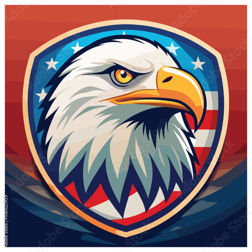 Patriotic bald eagle illustration on red blue background, symbol of freedom and strength