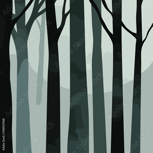 Trendy pattern forest art, hand-drawn silhouette of tree trunks in dark green and black, atmospheric misty gray sky, decorative nature theme vector illustration.