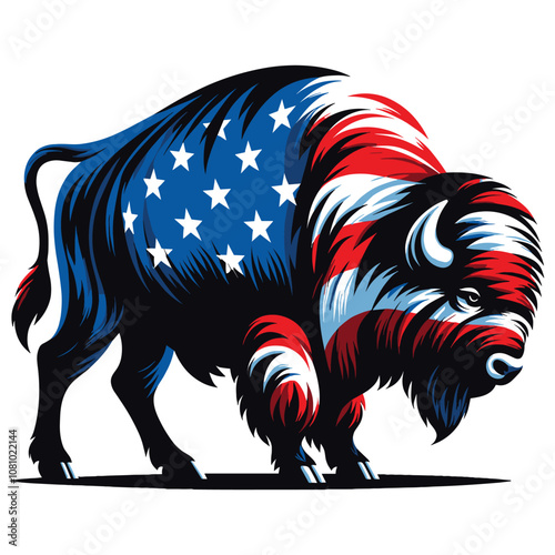 Patriotic American bison illustration, vector art, red white blue, symbol of strength