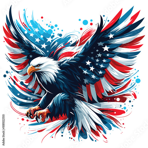 American eagle illustration, patriotic style, red white blue, symbol of freedom and power