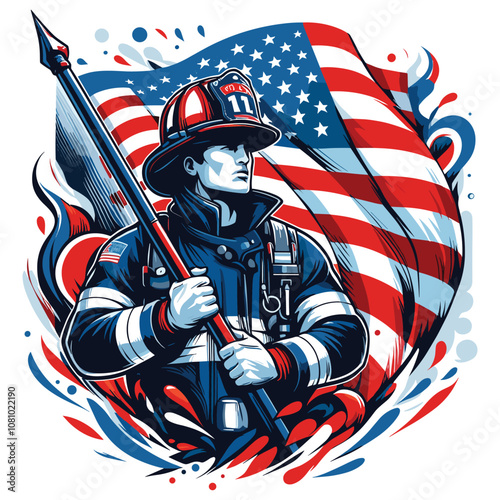 Brave firefighter in patriotic mood holding flag vector illustration, honoring heroes banner