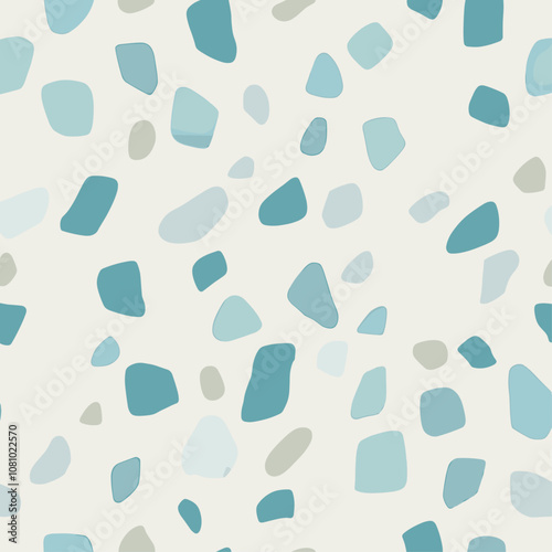 Modern aesthetic with light blue geometric shapes scattered gently, soft beige background, trendy pattern, textile design, wallpaper, vector illustration for home decor.