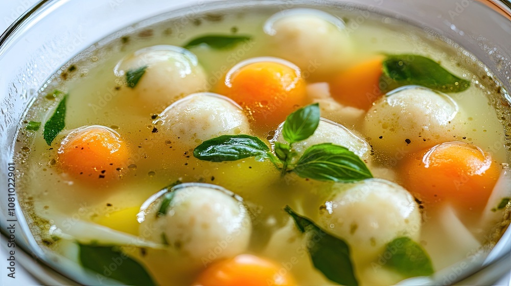 Traditional Asian fishballs in a clear broth with fresh vegetables and noodles, creating a warm, comforting meal scene Traditional Asian fishballs in a clear broth with fresh vegetables and noodles, creating a warm, comforting meal scene