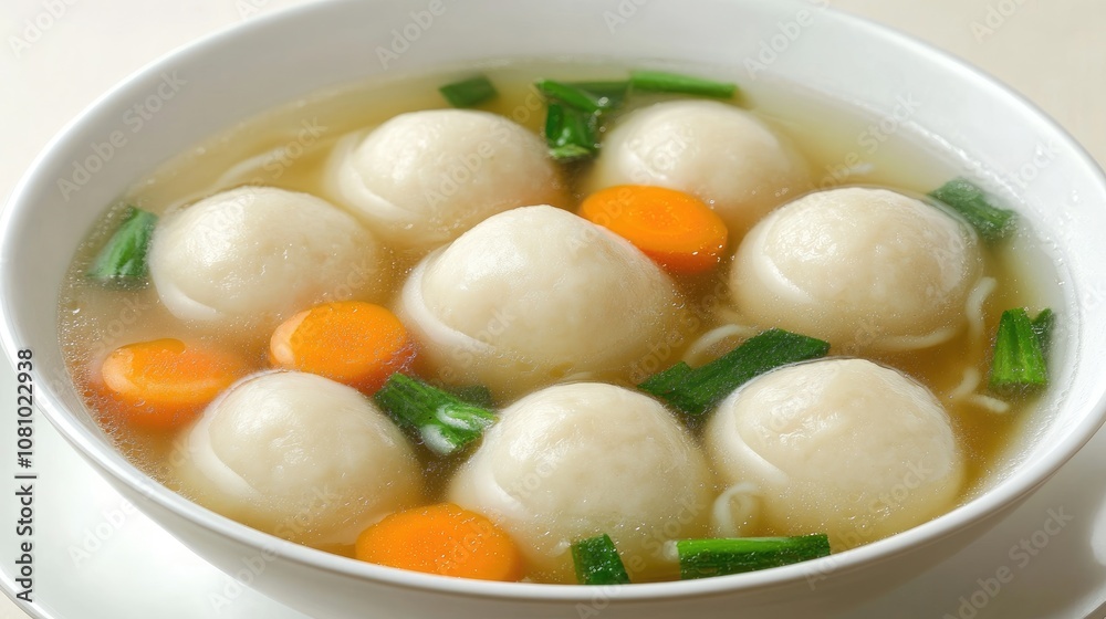 Traditional Asian fishballs in a clear broth with fresh vegetables and noodles, creating a warm, comforting meal scene Traditional Asian fishballs in a clear broth with fresh vegetables and noodles, creating a warm, comforting meal scene