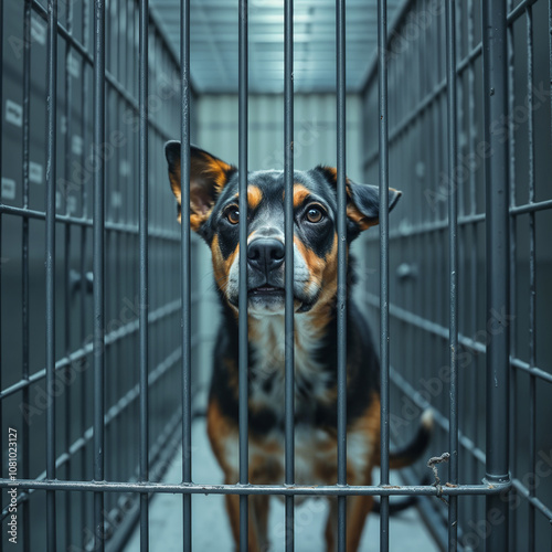 sad dog in a cage at the shelter.