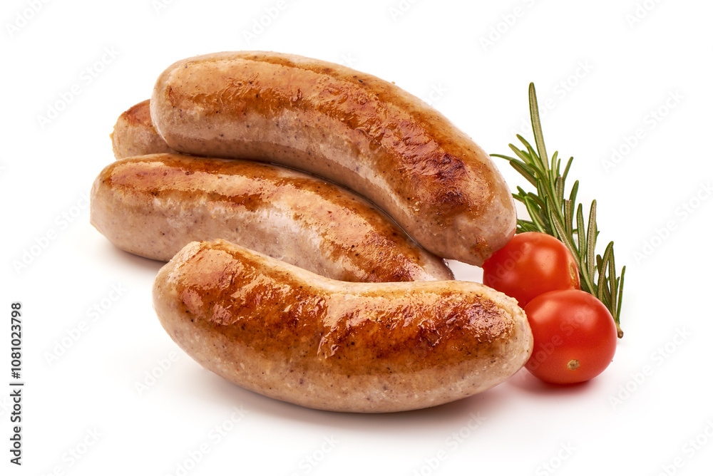 Grilled bratwurst Pork Sausages, close-up, isolated on white background. Grilled bratwurst Pork Sausages, close-up, isolated on white background.