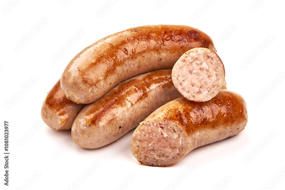 Grilled bratwurst Pork Sausages, close-up, isolated on white background. Grilled bratwurst Pork Sausages, close-up, isolated on white background.