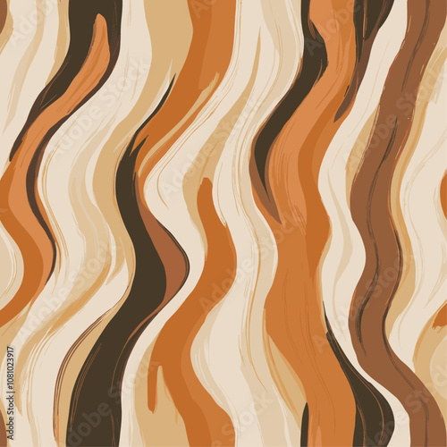 Earthy design with trendy pattern of hand-drawn streaks in terracotta and golden amber, flowing over a muted brown background, wallpaper, fabric print, vector illustration.