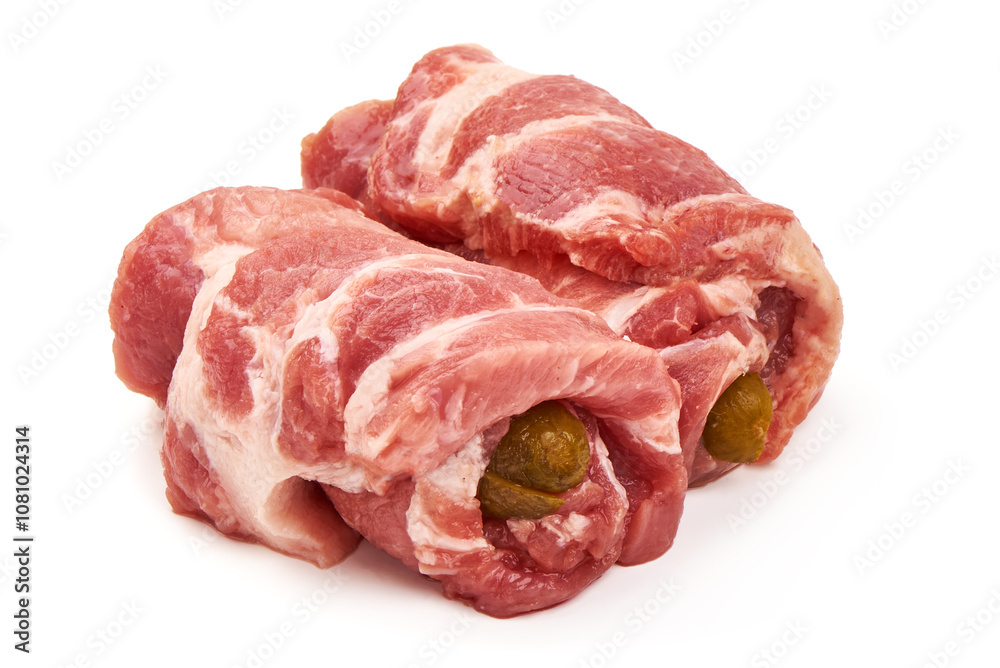 Fresh meat rolls, wrapped meat, isolated on white background. Fresh meat rolls, wrapped meat, isolated on white background.