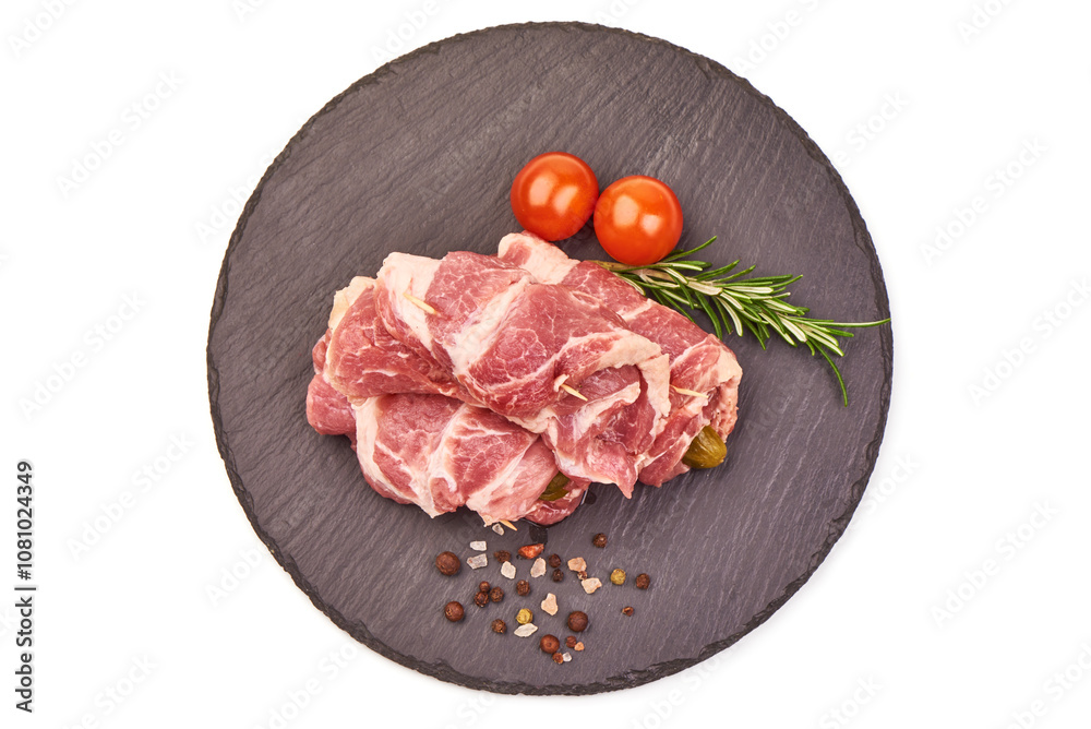 Fresh meat rolls, wrapped meat, isolated on white background. Fresh meat rolls, wrapped meat, isolated on white background.