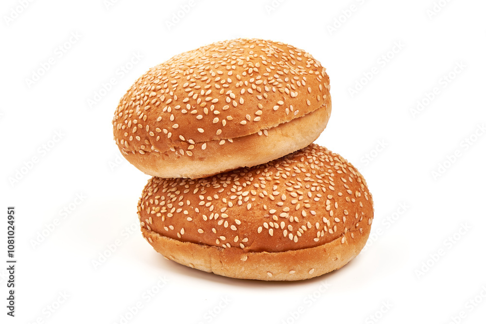 Burger buns with sesame seeds, ingredients for hamburger, isolated on white background. Burger buns with sesame seeds, ingredients for hamburger, isolated on white background.