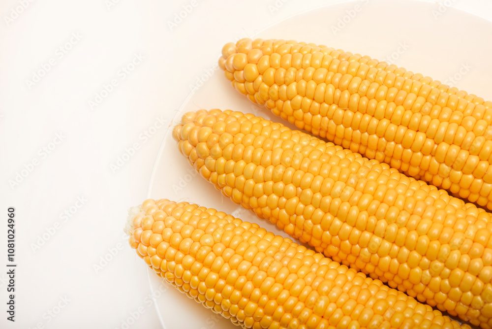Ripe corn cobs on a white plate. Ripe vegetables. Ripe corn cobs on a white plate. Ripe vegetables.