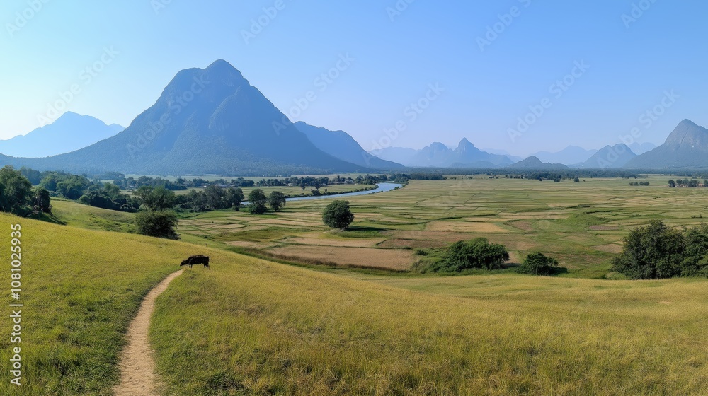 Cows grazing in dry rice field during Northern Laos. Dry season, rural agriculture and farming life visual concept. Cows grazing in dry rice field during Northern Laos. Dry season, rural agriculture and farming life visual concept.