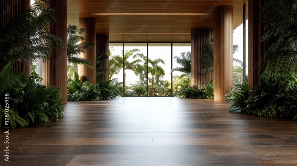 A luxurious interior space showcases a vibrant indoor garden with tropical plants, integrating nature into a modern architectural design with elegance and style. A luxurious interior space showcases a vibrant indoor garden with tropical plants, integrating nature into a modern architectural design with elegance and style.