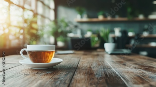 A tranquil scene of a cup of tea placed on a rustic wooden table in a sunlit office, representing relaxation and warmth in a modern and serene workspace environment.