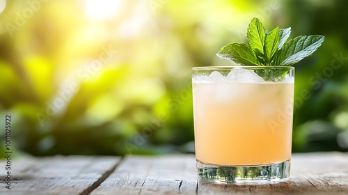 A refreshing grapefruit and mint cooler, garnished with mint leaves, in a sunny outdoor setting